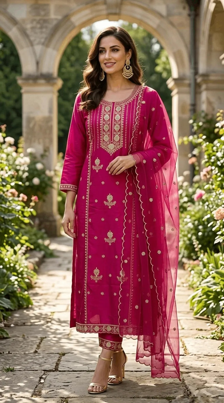 Red Embroidered Kurti Set