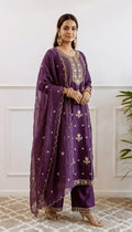 Wine Embroidered Kurti Set